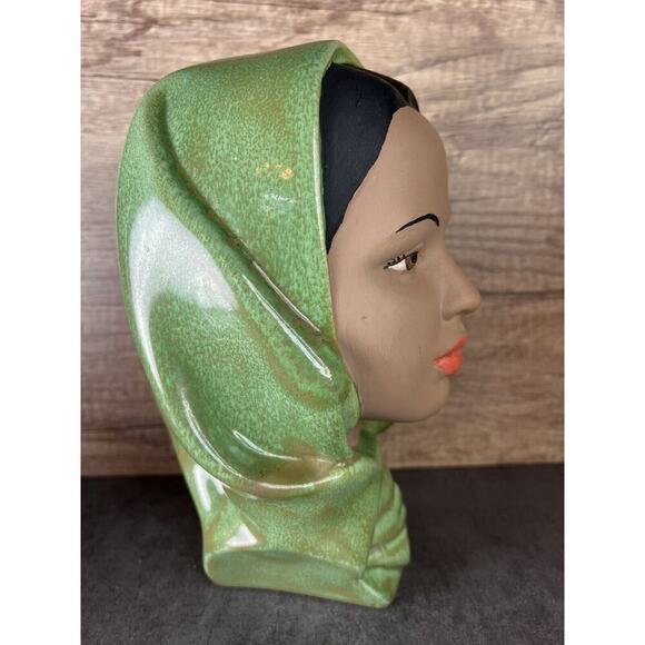 Vintage Female Head Bust Hand Painted Chalk Ware Green Head Scarf Ceramic - Picture 9 of 16